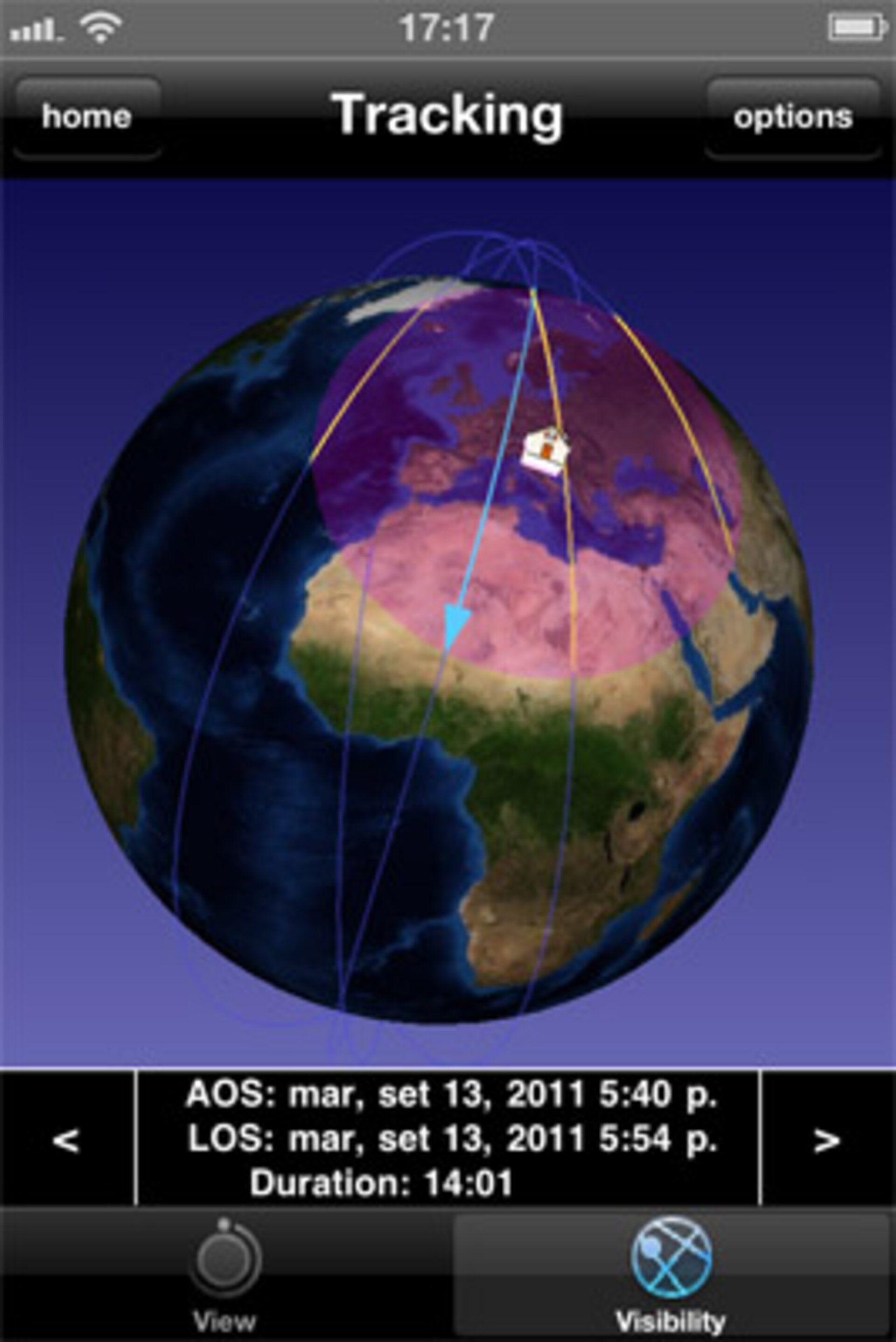 Sledování polohy družice CryoSat.