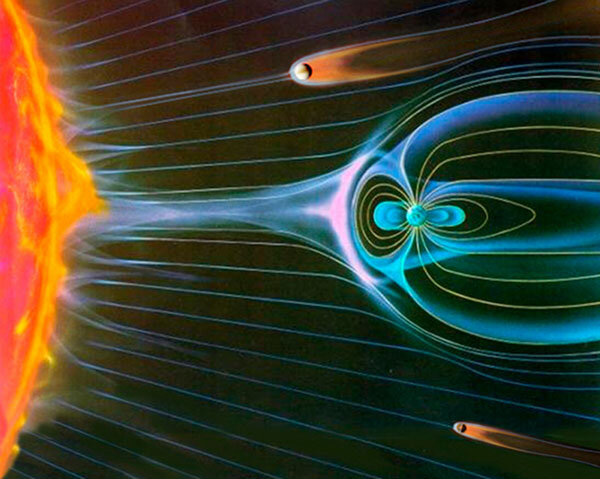 Representación artística de la interacción de Venus, la Tierra y Marte con el viento solar 