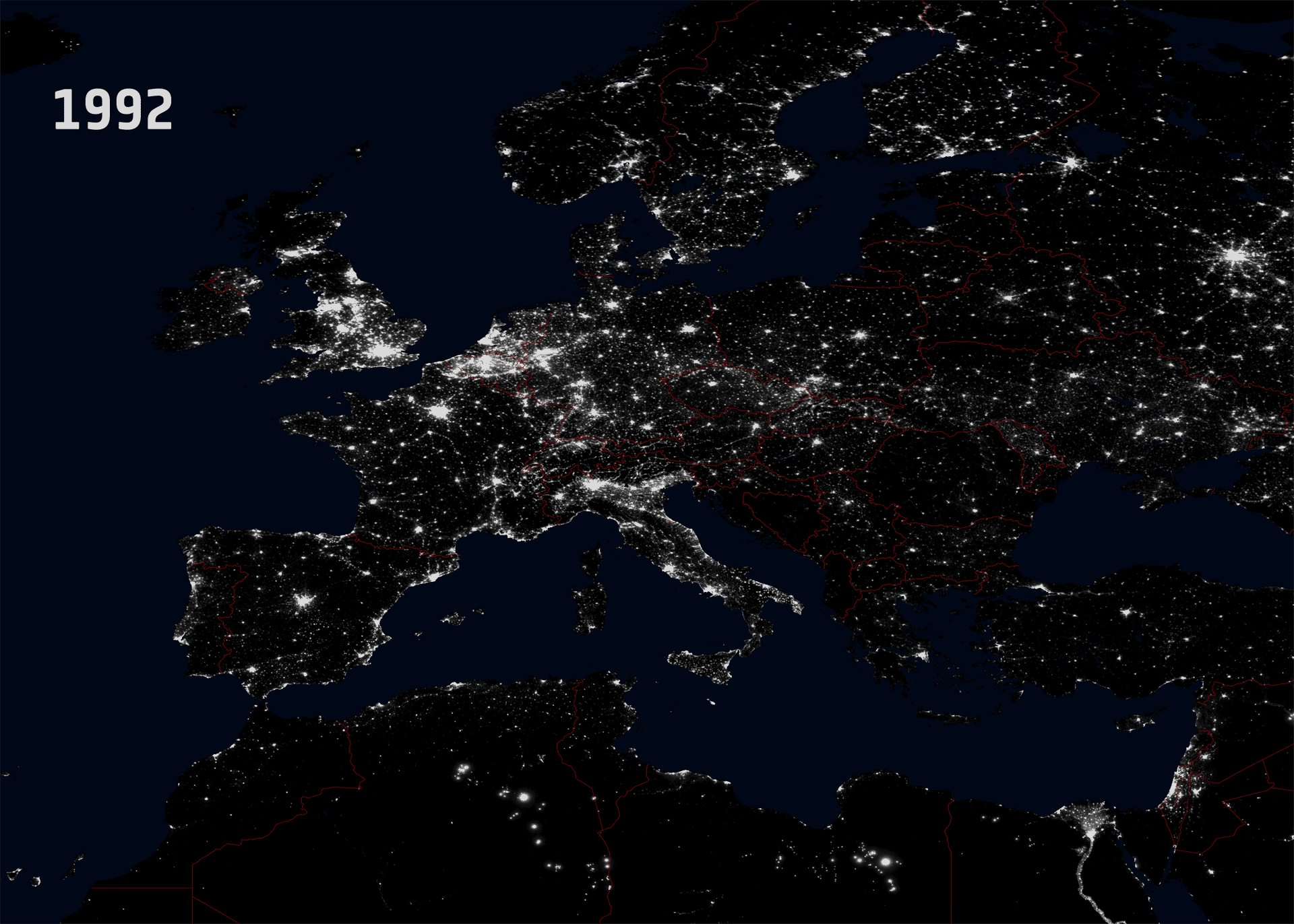 Noční světla v Evropě viděná z družic.
