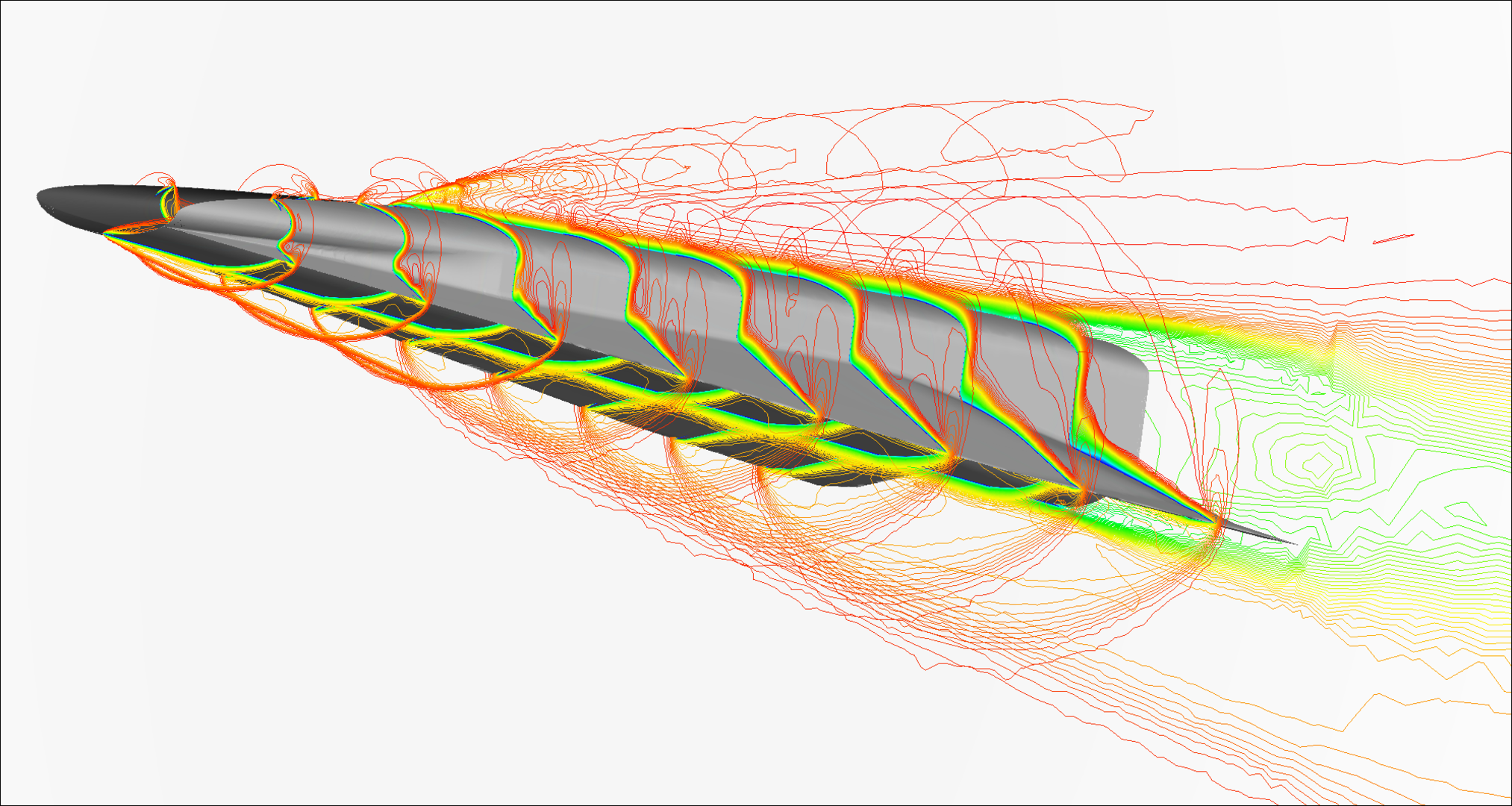 Fig 3: Nose-to-Tail computations for a waverider based vehicle at Mach 8