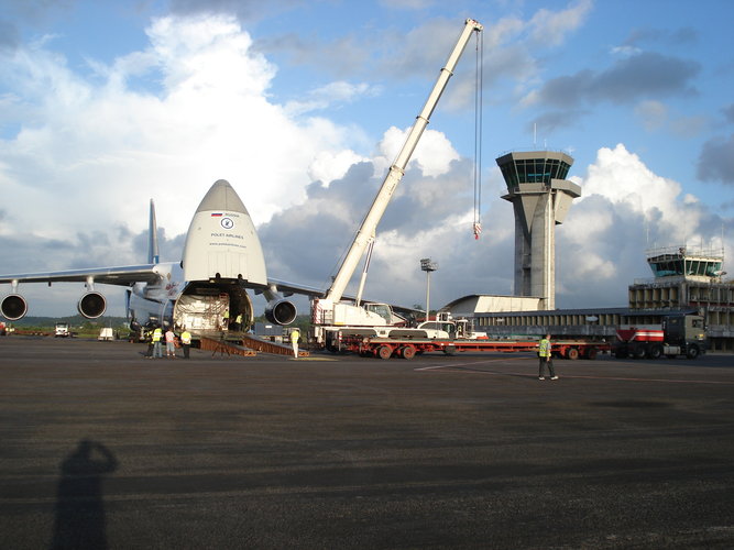 Alphasat in cargo container at Cayenne airport, ready for unloading