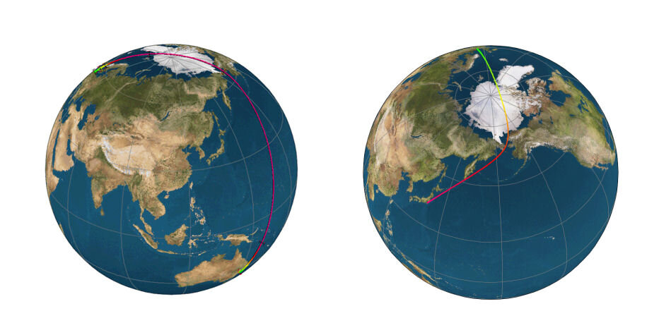 Brussels-Sydney; flight time 2h 47m, Brussels-Tokyo; flight time 2h 13m