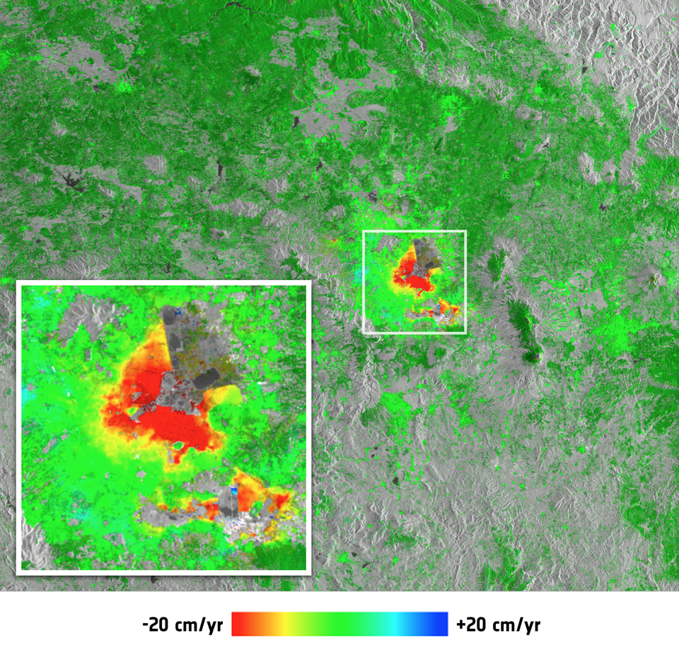 Aus den Daten mehrerer Radaraufnahmen lässt sich die Oberflächenverformung von Mexiko-City über ein Jahr ermitteln