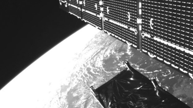 One of Sentinel-1's solar arrays seen by the onboard camera 700 km above Earth earlier today