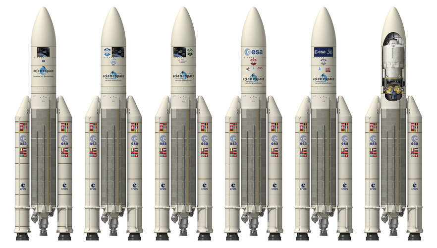 Artist's view and cut open view of Ariane 5 with the different ATV 