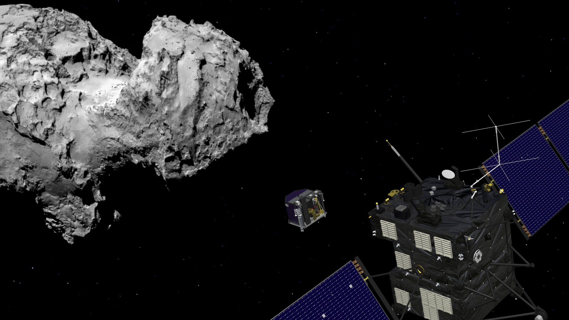 Der Lander Philae wird vor der Landung vom Orbiter abgetrennt