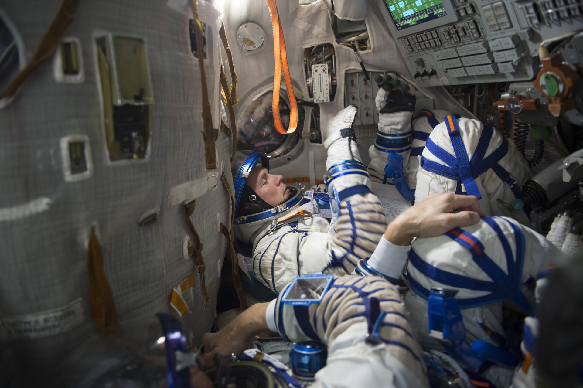 Andreas during a simulation inside the full-scale mockup of the Soyuz capsule