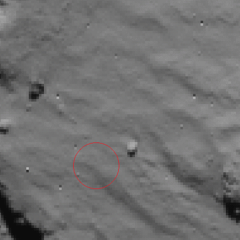 Séquence d'images de la caméra NAVCAM de Rosetta montrant Philae, som ombre et le premier rebond sur la comète