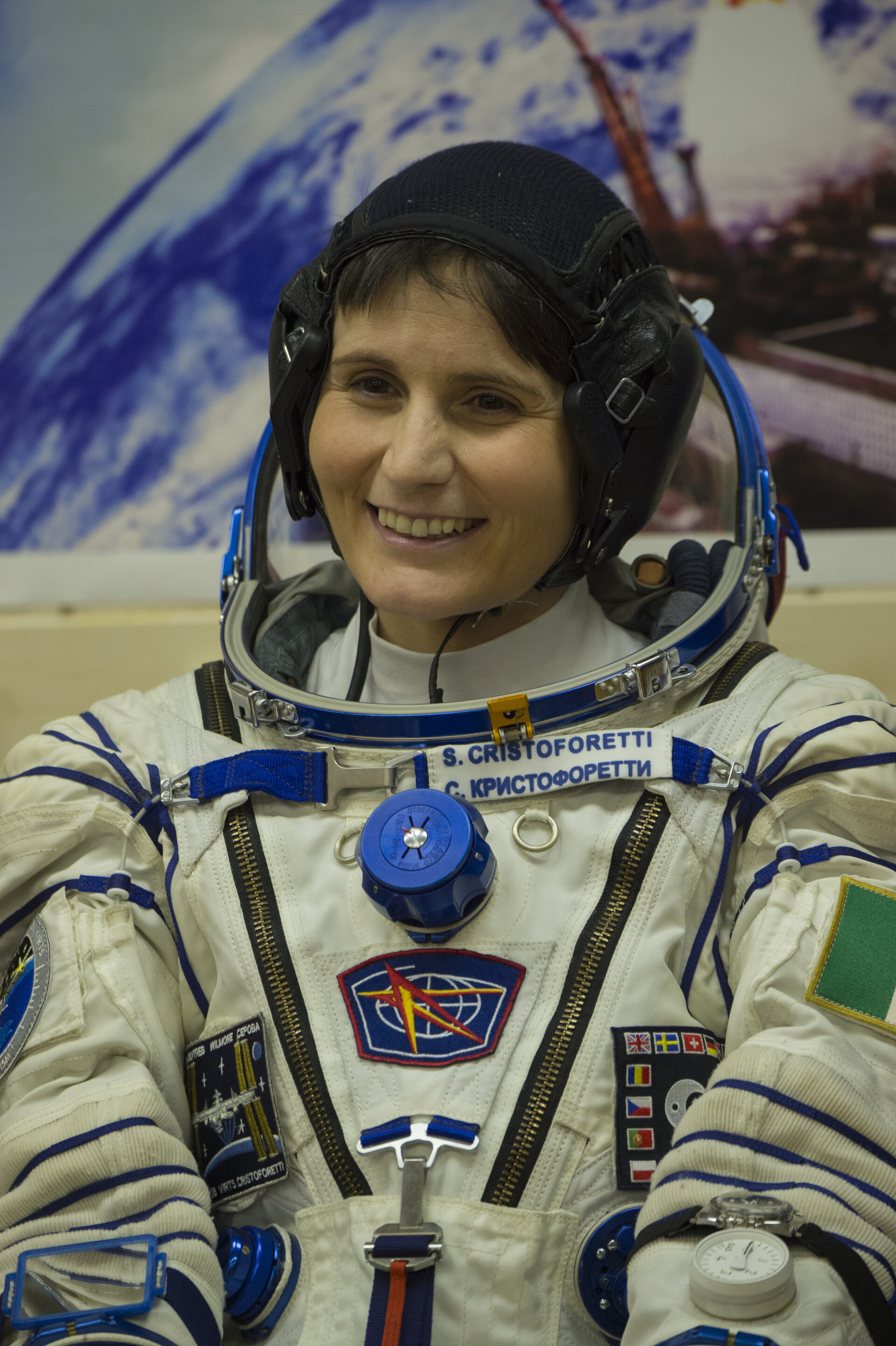 Samantha Cristoforetti dressed in her Russian Sokol suit