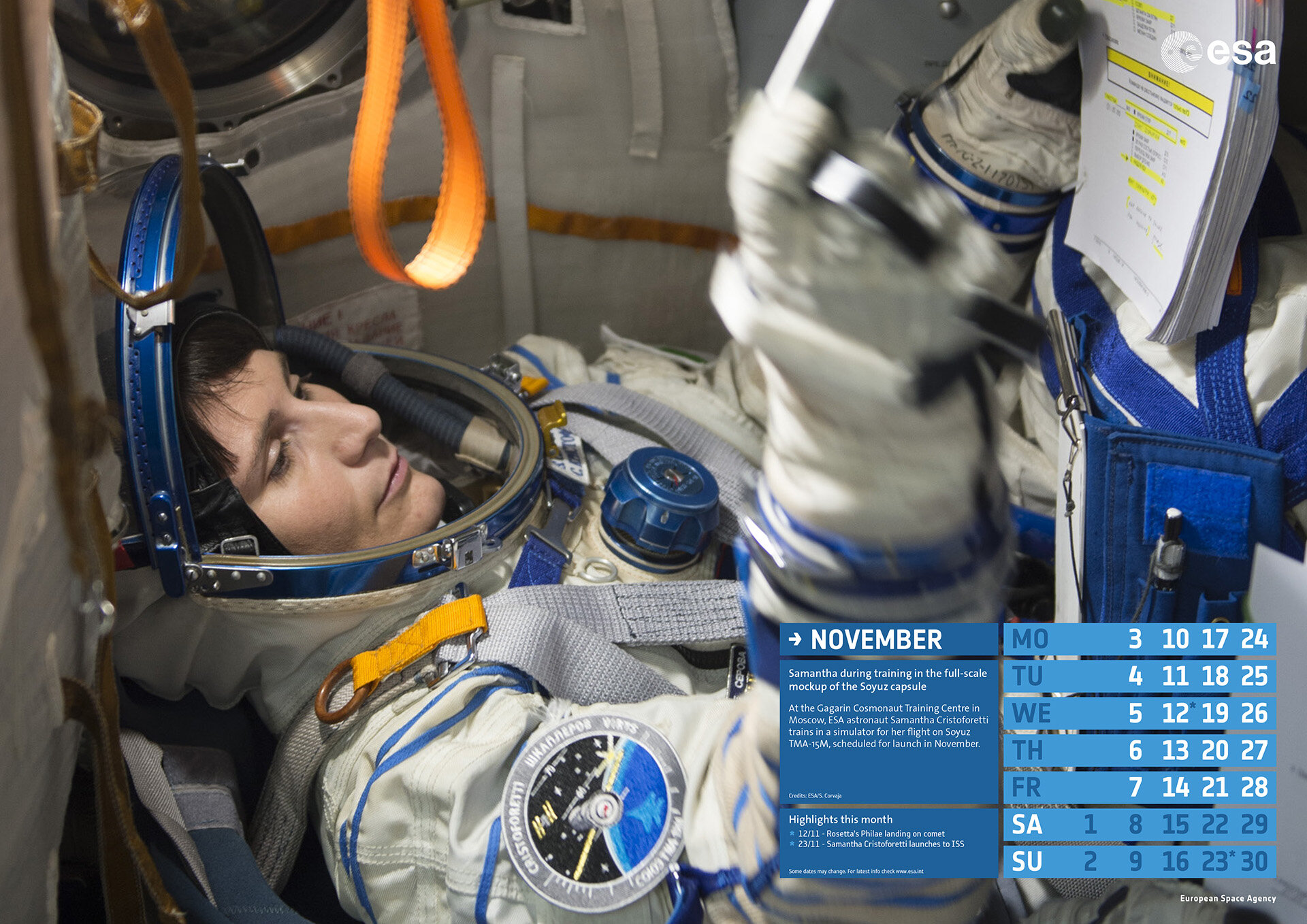 Samantha during training in the full-scale mockup of the Soyuz capsule