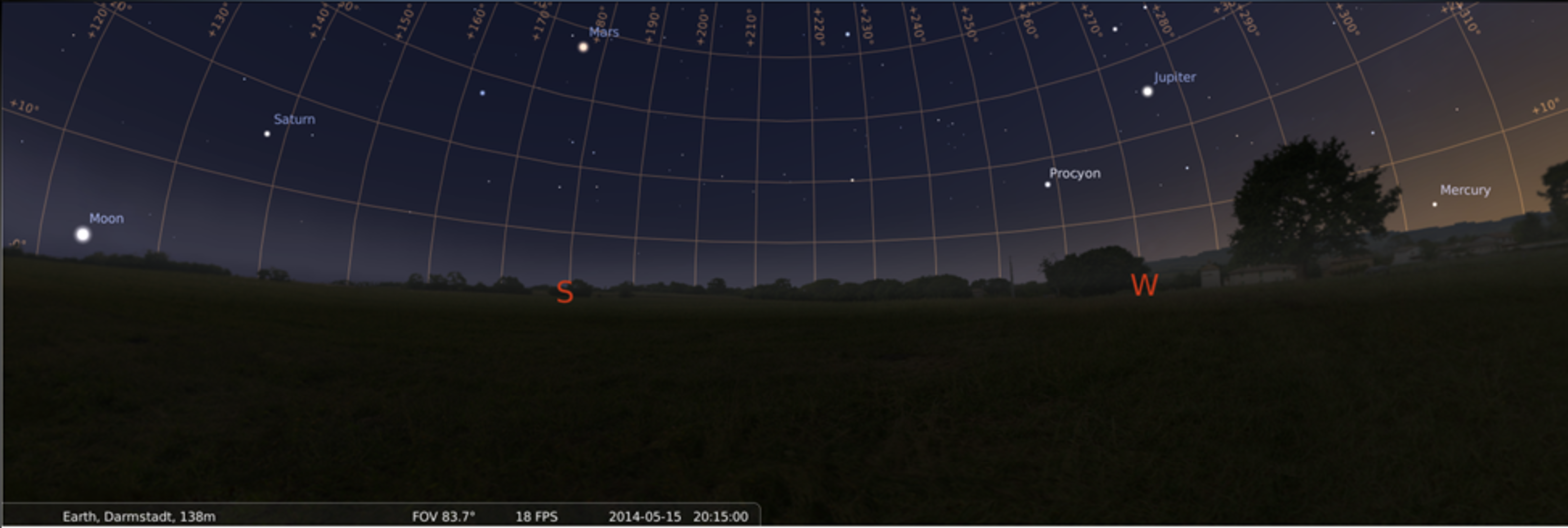 Mond, Saturn, Mars, Jupiter und Merkur gleichzeitig am Nachthimmel