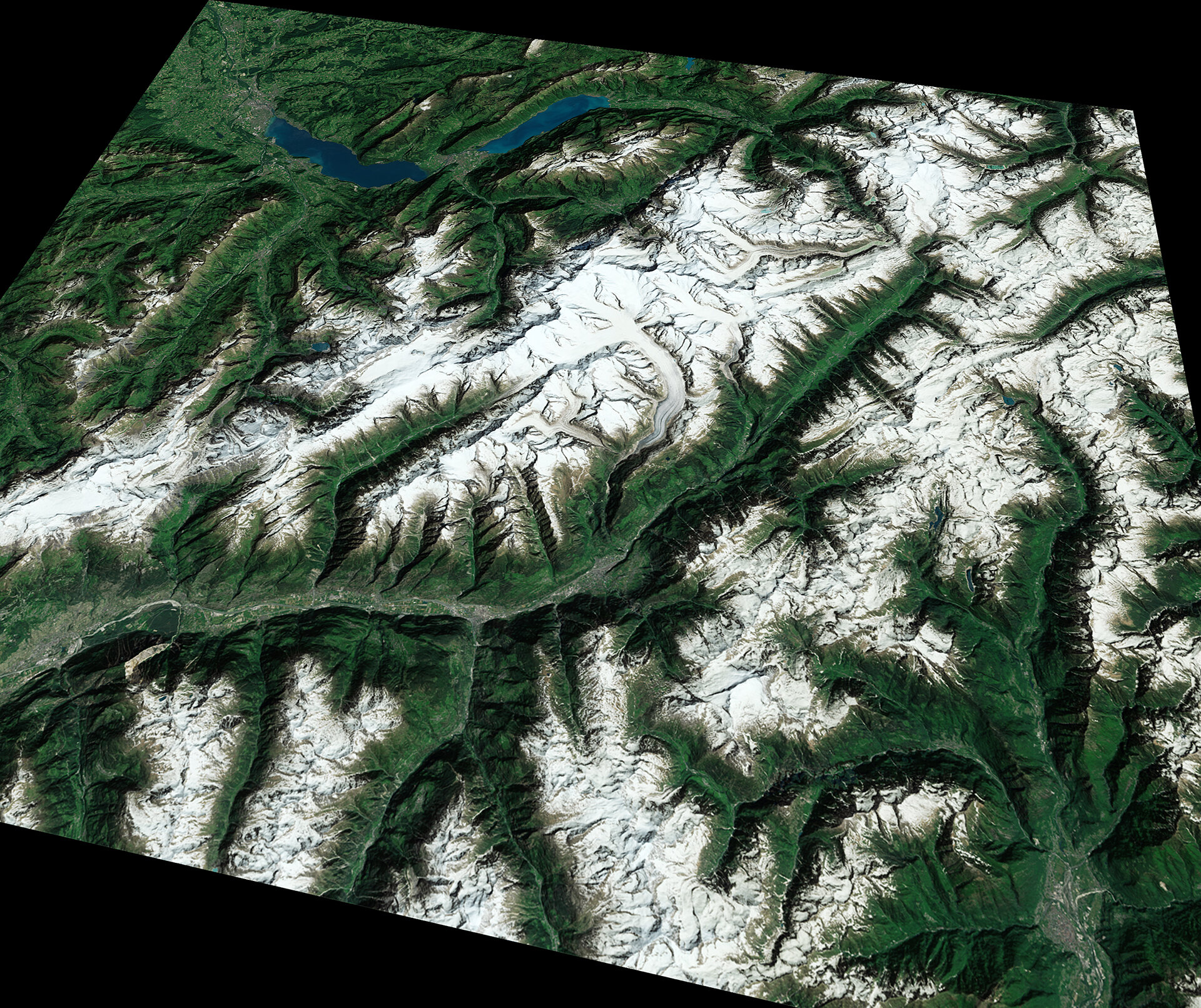 Dieses digitale Höhenmodell des Großen Aletsch-Gletschers ist aus den Satellitenbildern von Landsat-8 entstanden 