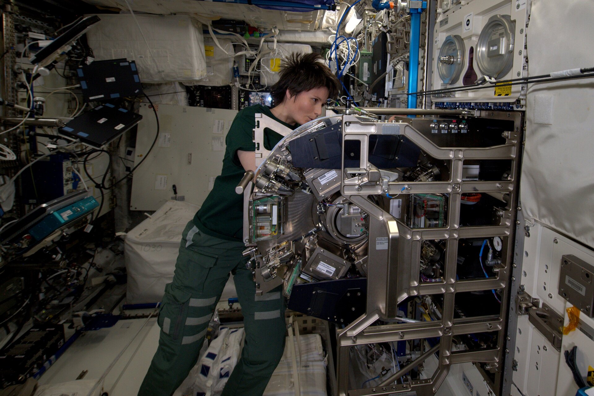 A bordo della Stazione Spaziale Internazionale Samantha Cristoforetti a lavoro sulla ISS con il Biolab. Credits: ESA