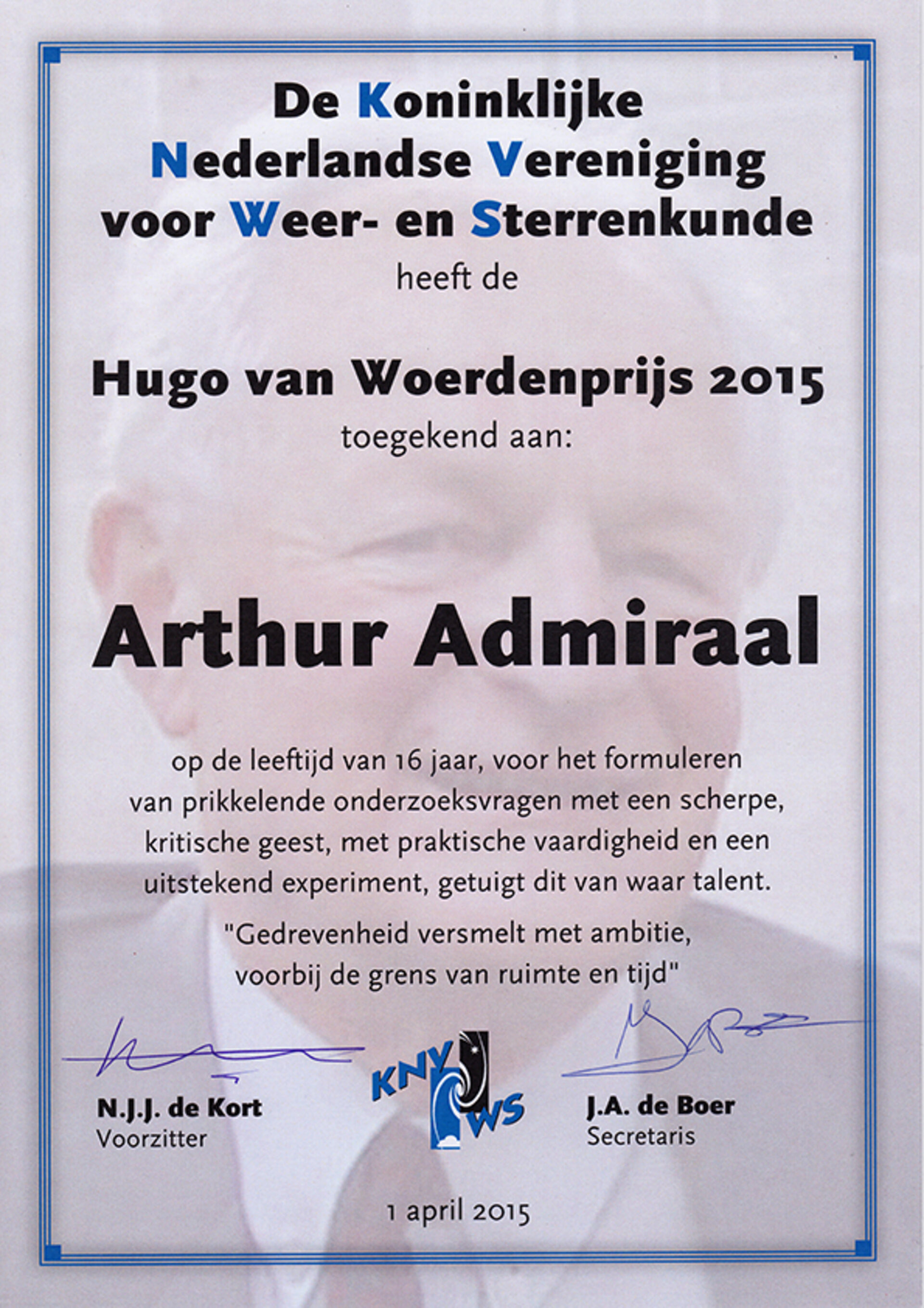 Hugo van Woerden Prize certificate