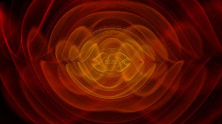 Würden unsere Augen Gravitationswellen sehen, könnte so die Kollision zweier schwarzer Löcher aussehen