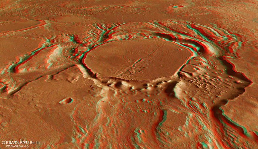 3D view of eroded crater in Mangala Valles 