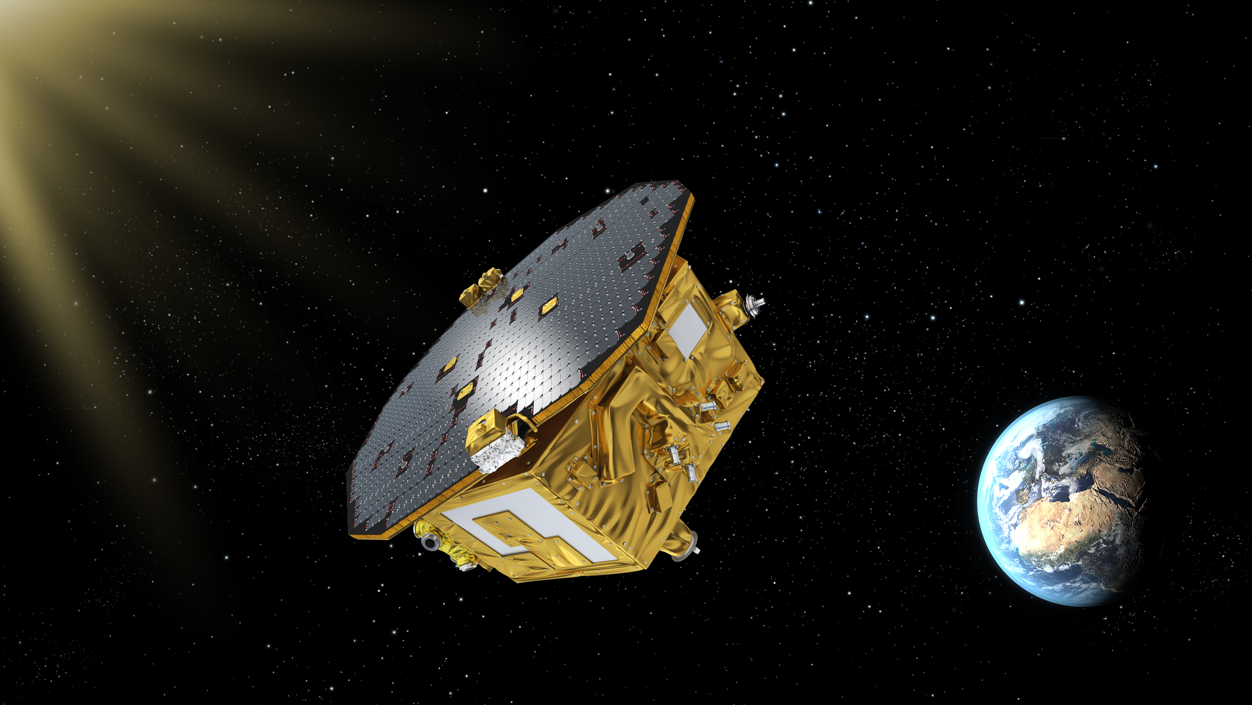 Gold-platinum spacecraft cube in free fall with earth in the background.