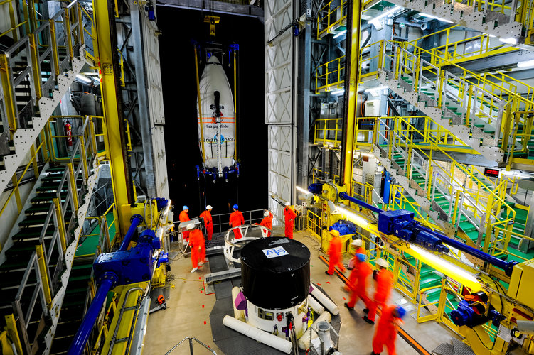 Vega VV06 upper composite being hoisted up to the top of the mobile gantry