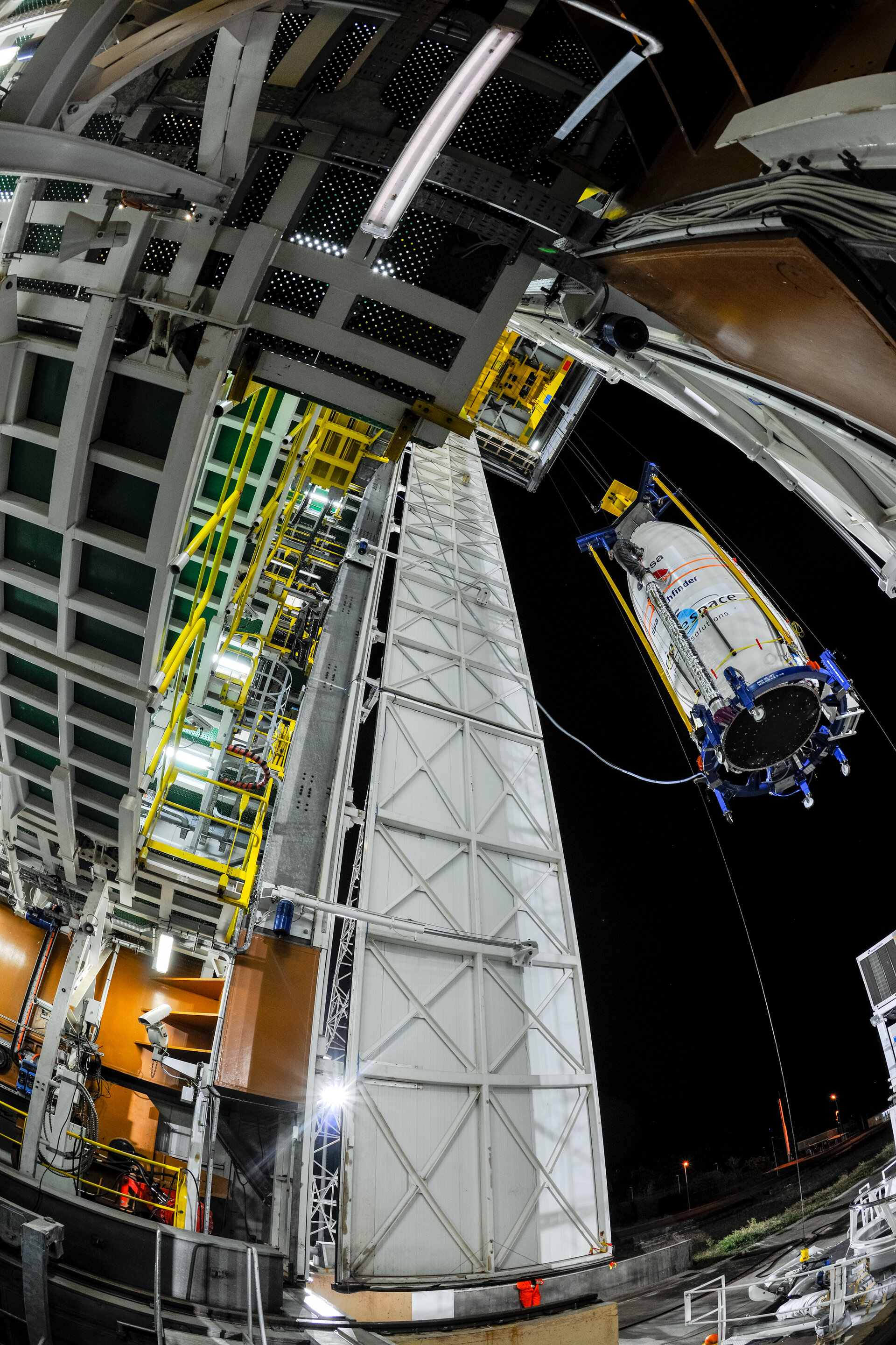 Vega VV06 upper composite being hoisted up to the top of the mobile gantry