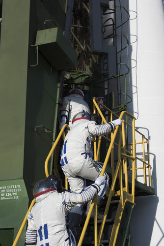 Expedition 46-47 crew members climb the stairs to the Soyuz TMA-19M