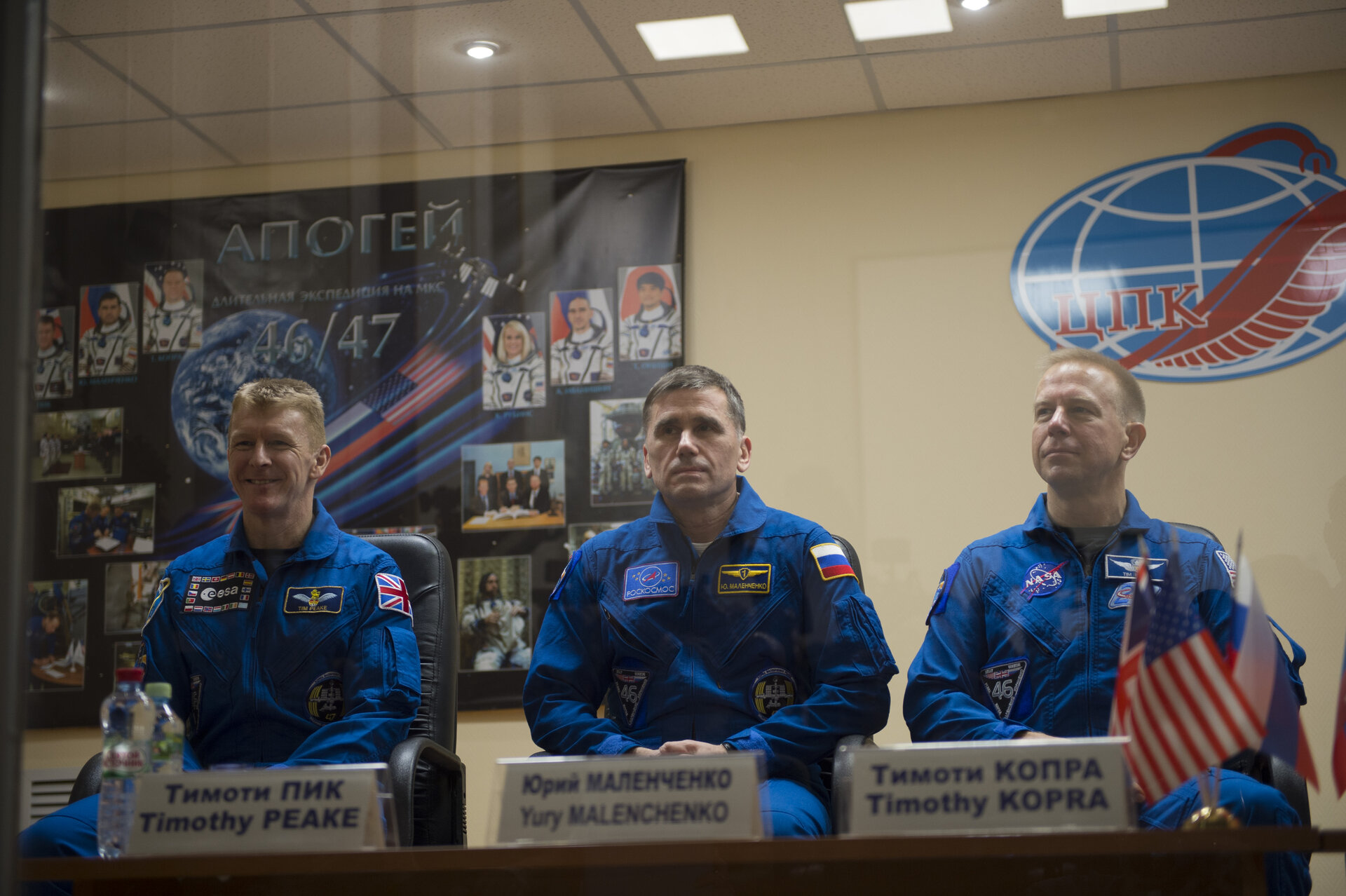 Expedition 46-47 prime crewmembers during the pre-launch press conference