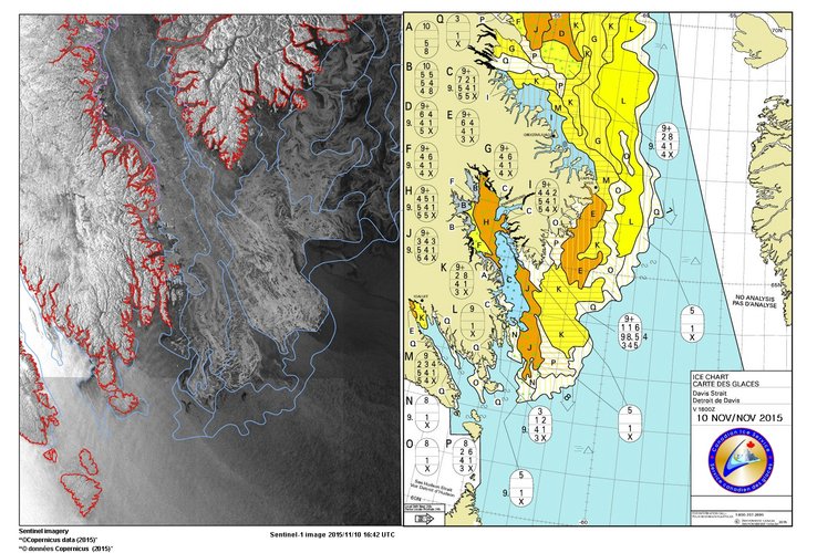 Sentinel-1A and Canadian Ice Service chart Davis Strait