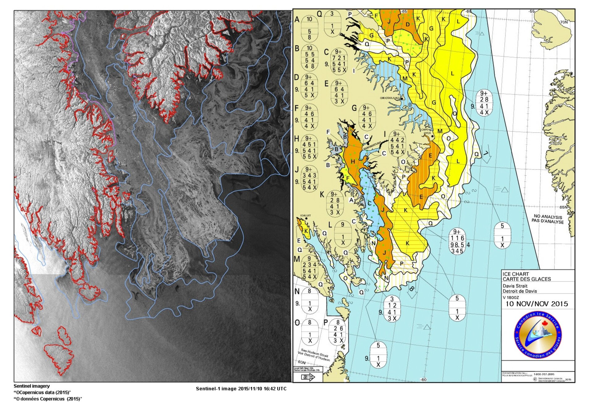 Sentinel-1A and Canadian Ice Service chart Davis Strait