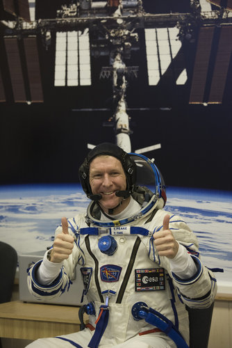 Tim Peake dressed in his Russian Sokol suit