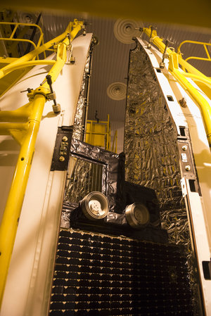 Sentinel-3A being encapsulated within its Rockot fairing