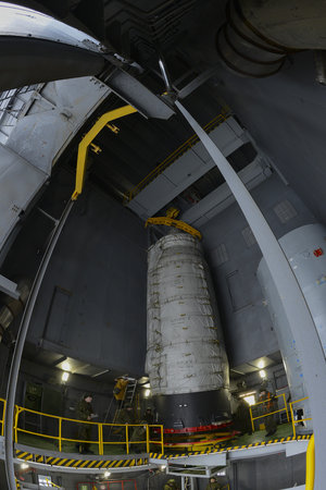 Sentinel-3A upper composite hoisted to the top of the service tower
