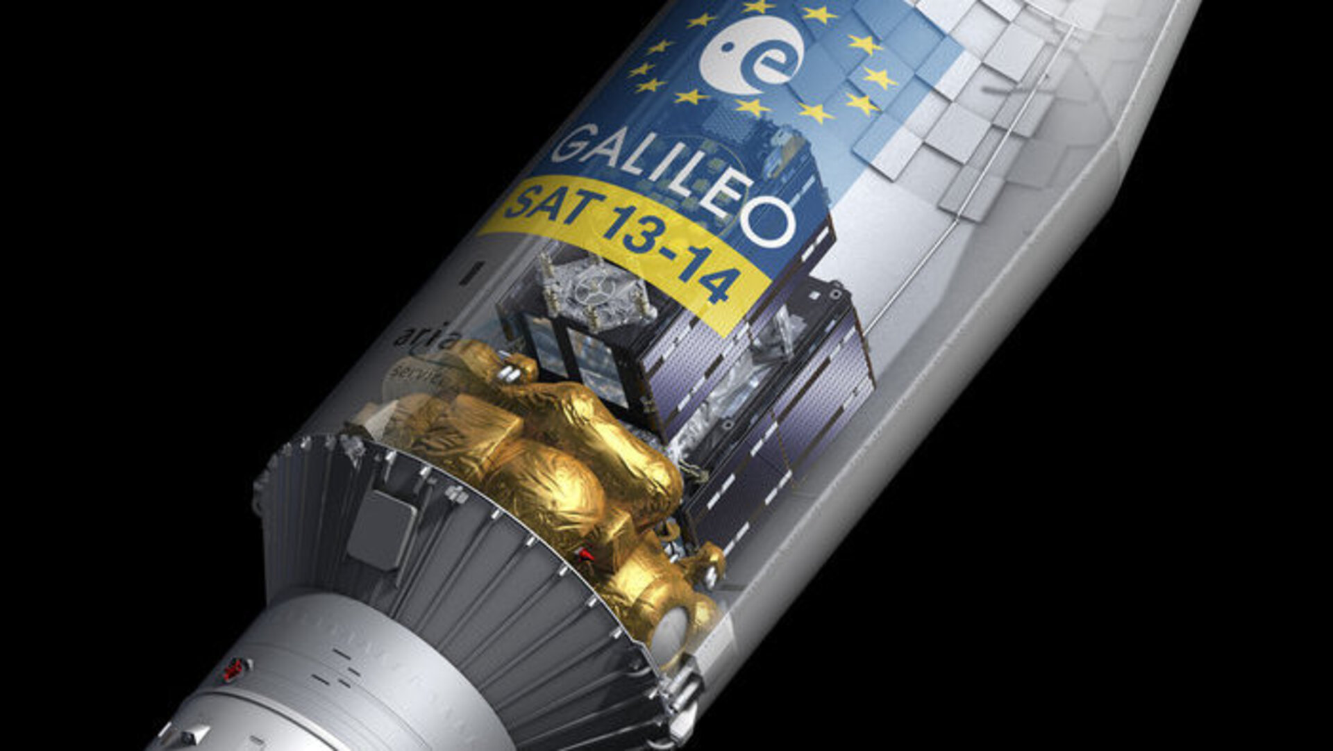 Kanderaketi Sojuz ülemise osa Fregat sissevaade. Fregati sisemusse on kinnitatud satelliidid Galileo 13 ja Galileo 14. Just Fregatiga läbisid sateliidid kosmosesse lennutamisel kõige pikema osa teekonnast. Kujutis: ESA–Pierre Carril, 2016