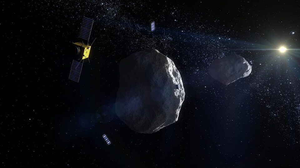 Vue d’artiste de la sonde de l’ESA AIM à proximité de l’astéroïde Didymos