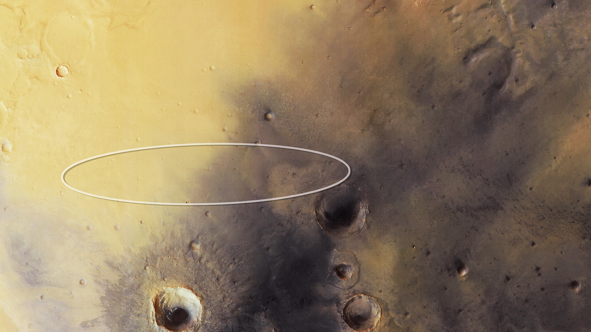 Mars Express Bild von Schiaparellis Landebereich – mit Ellipse