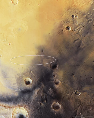 Mars Express Bild von Schiaparellis Landebereich – mit Ellipse
