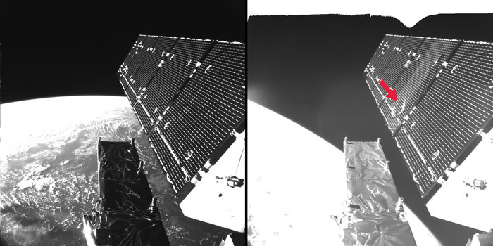 Sentinel-1A’s solar array before and after the impact of a millimetre-size particle on the second panel