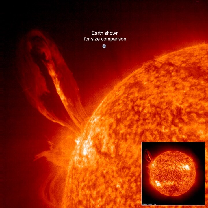 Una enorme erupción experimentada por nuestro Sol y capturada el 27 de julio de 1999 por el Observatorio Heliosférico y Solar (SOHO) de la ESA/NASA 