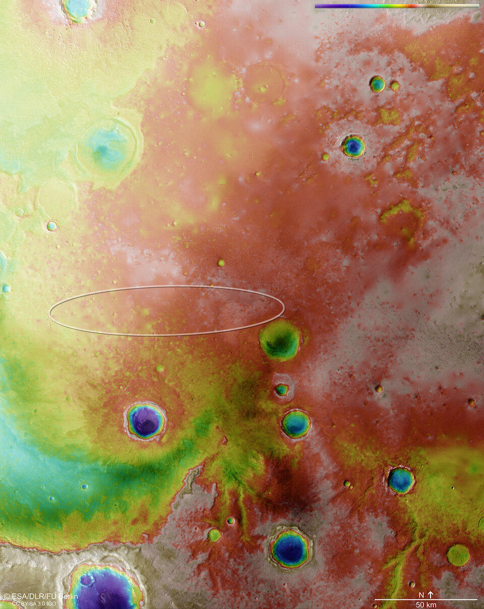 Topographie von Meridiani Planum mit dem Landebereich von Schiaparelli innerhalb der Ellipse