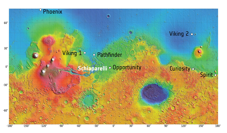 Puntos de aterrizaje en Marte. Créditos: imagen de fondo: MOLA Science Team; mapa: ESA