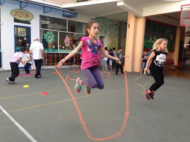 Children from a Greek school training like an astronaut