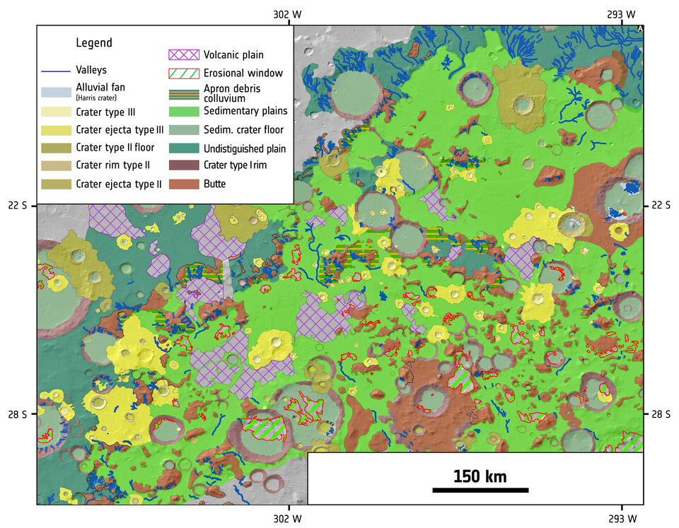 Geological map of region north of Hellas Basin. Credit: from Salese et al., 2016. J. Geophys. Res. Planets, 121, doi:10.1002/2016JE005039, Reused with permission of the American Geophysical Union.