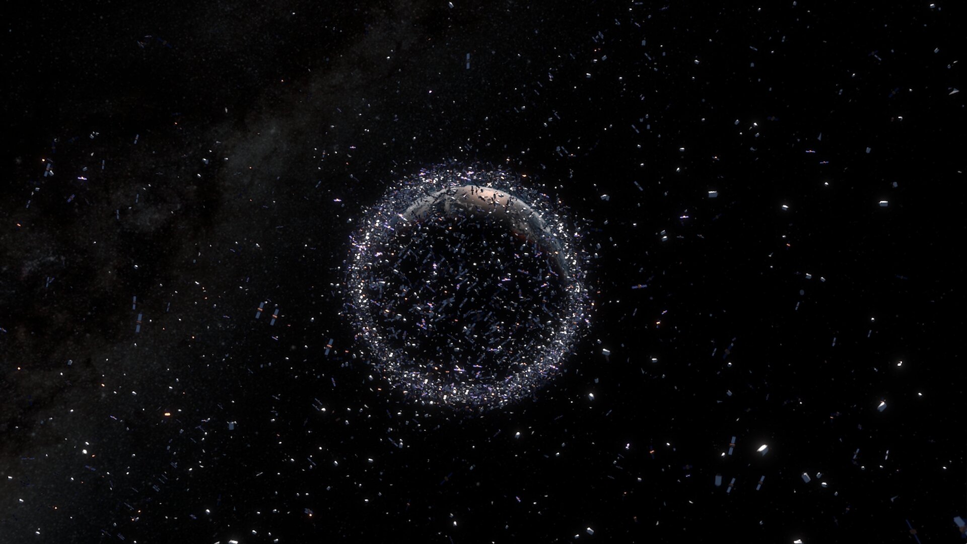 Rappresentazione detriti spaziali intorno alla Terra. Credits: ESA