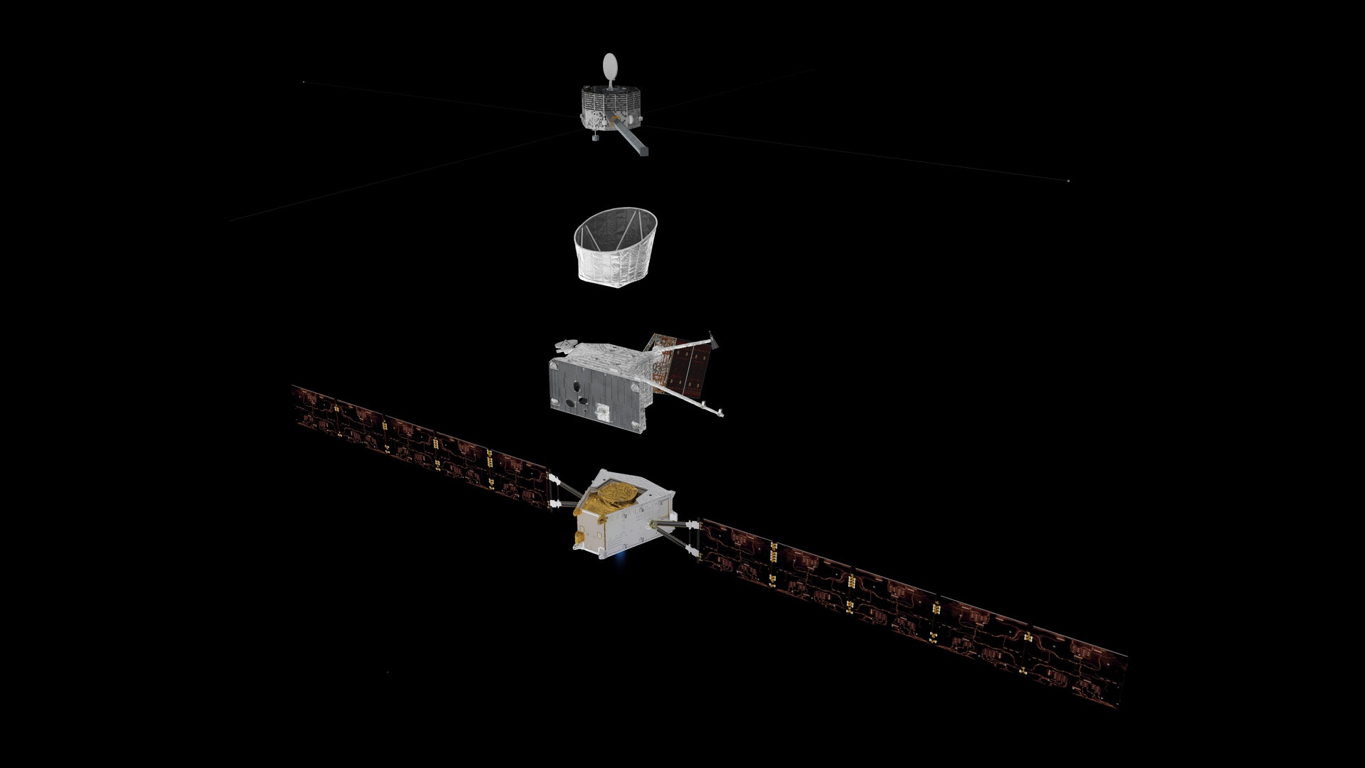 Vista delle diverse componenti della missione BepiColombo. Dal basso verso l'alto: il Mercury Transfer Module; il Mercury Planetary Orbiter; lo schermo solare e la struttura dell'interfaccia; il Mercury Magnetosferic Orbiter. Il veicolo è mostrato con i pannelli solari e gli strumenti dispiegati. Credits: ESA/ATG medialab