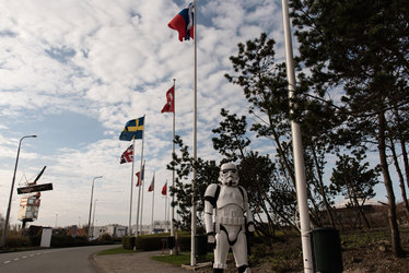 Stormtrooper and ESTEC flags
