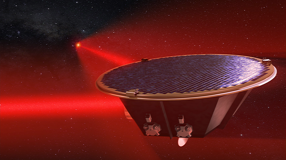 LISA zal bestaan uit een constellatie van drie ruimtetuigen die via laser verbonden zijn over een afstand van verschillende miljoenen kilometer