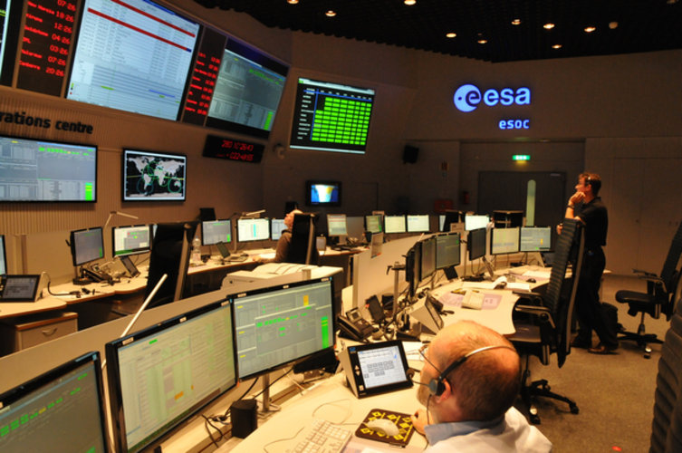 Flight Control team during a simulation session in the Main Control Room at ESOC