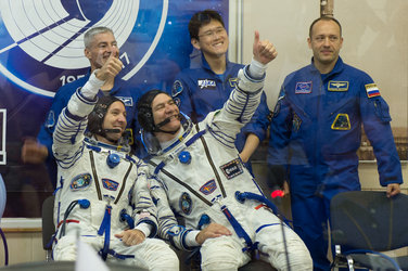 Paolo Nespoli and Randy Bresnik dressed in their Russian Sokol suit