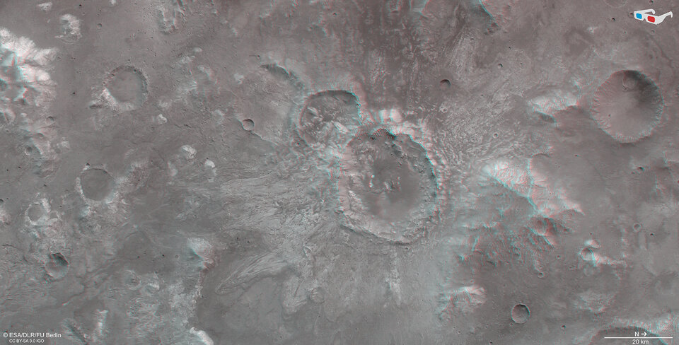 Vista en 3D de un cráter en el norte de Hellas