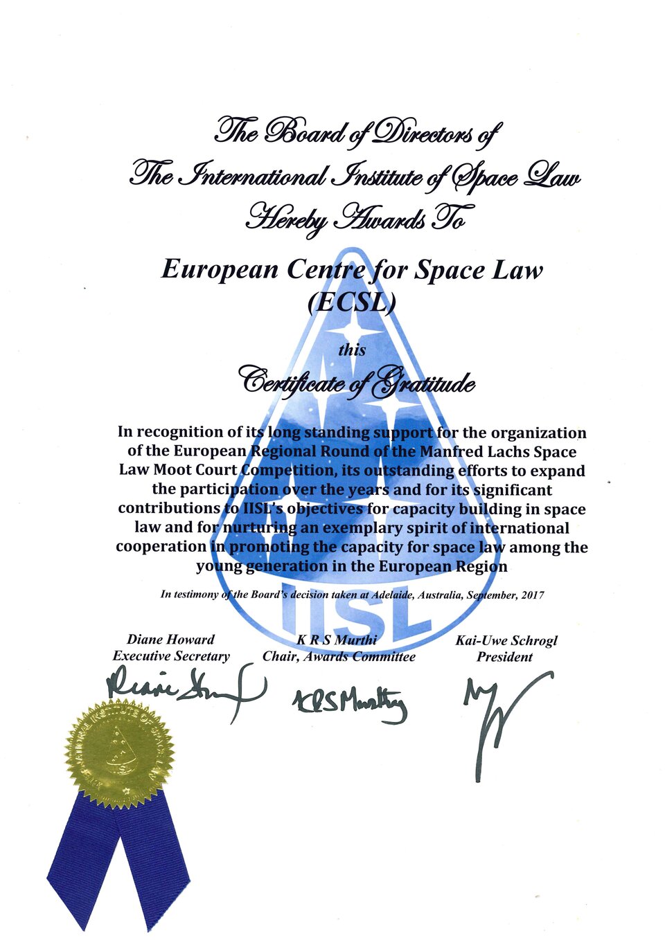 The Certificate of Gratitude awarded to the ECSL by the Board of Directors of the IISL