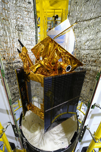 Sentinel-5P seen during the encapsulation within the launcher fairing