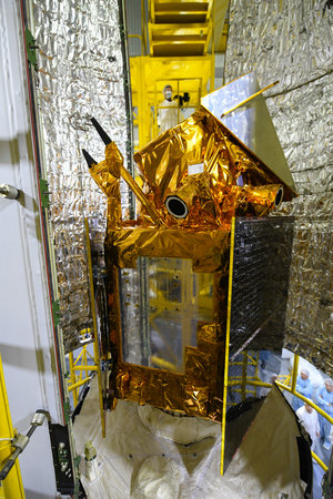 Sentinel-5P seen during the encapsulation within the launcher fairing